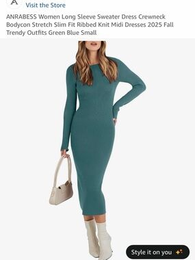 Anrabess Teal/Green Ribbed Long-Sleeve Bodycon Dress